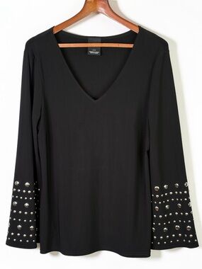Cartise Black Studded Bell Sleeve V-Neck Top XL Stretch Knit Travel